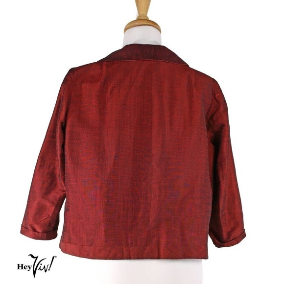 Vintage 50s Red Silk Sharkskin Boxy Jacket Hong Kong Hallmark Tag Sz L - Hey Viv - Picture 3 of 7